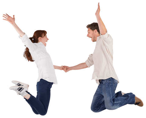 Joyful couple jumping in excitement transparent background
