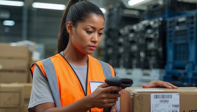 Asian warehouse worker scanning barcode on shipping box wearing orange safety vest