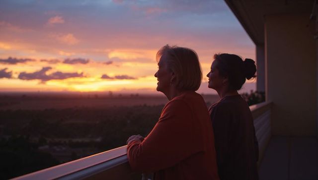 Mother daughter gazing at vibrant sunset from balcony at dusk
