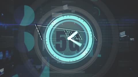 Futuristic Digital Clock with Data Overlays Representing 5G Technology