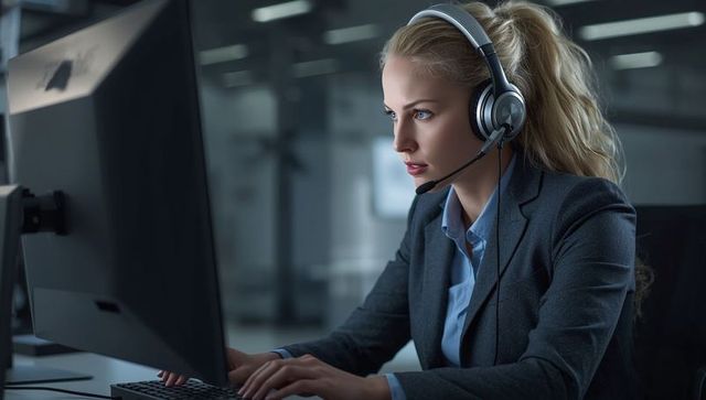 Focused Businesswoman Wearing Headset in Modern Office Environment