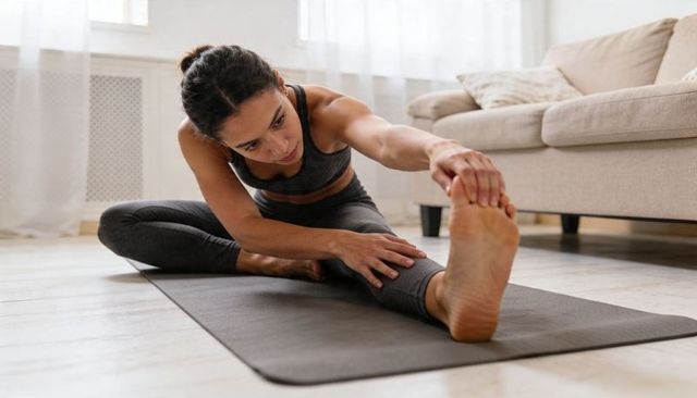 Woman stretching and reaching toes on yoga mat in bright living room for home fitness