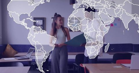 Collaborative colleagues in modern coworking space with global outlook