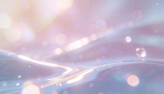 Glowing pastel liquid rippling with suspended droplet, bokeh and iridescent reflections