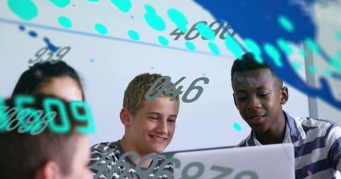 Middle School Students Collaborating on Laptop with Augmented Reality Data Overlays