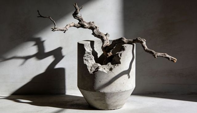 Eroded concrete planter with gnarled driftwood branch casting bold shadow, minimal studio