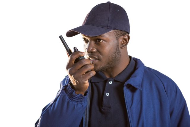 Security officer in uniform talking on a walkie-talkie, ideal for illustrating security services, safety protocols, and professional communication. Useful for websites, brochures, and training materials related to security and protection services.