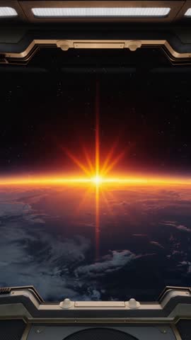 Rising Sunburst Over Planet Limb Through Spacecraft Window Vertical Video Twilight Starfield Horizon