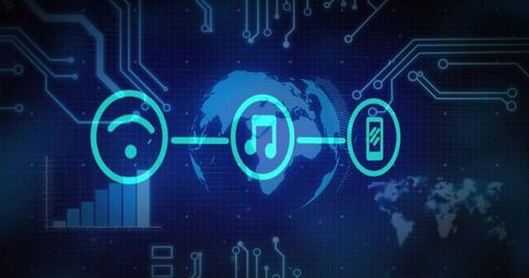 Global digital music streaming network connecting devices with neon circuitry and grid