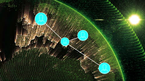 Digital World Map with Networking Connections and Glowing Green Elements