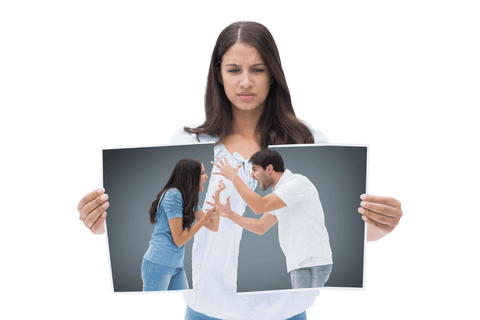 Woman holding transparent image of couple arguing