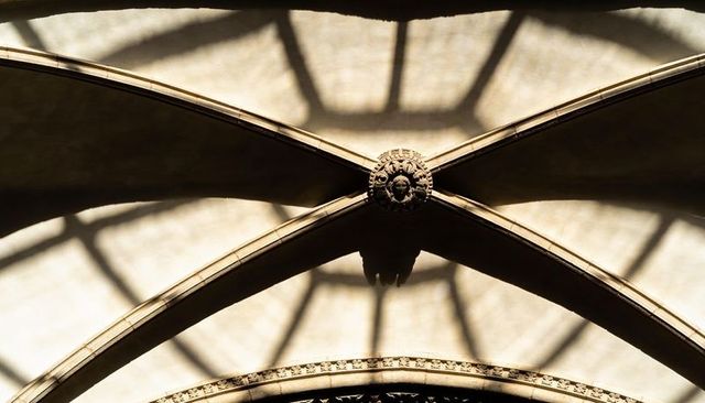Gothic cathedral vault with carved boss and crisscrossing ribbed arches bathed in sunlight