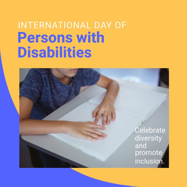 Composition of international day of persons with disabilities text over boy reading braille. Day of persons with disabilities concept digitally generated image.