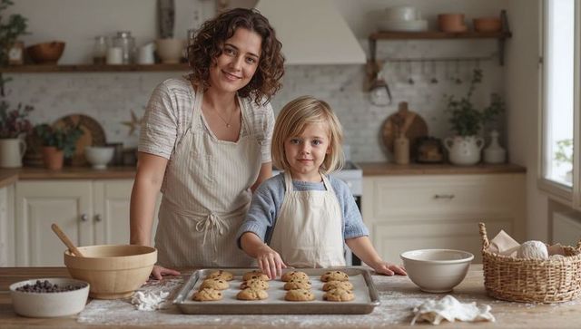Mother and Daughter Baking Cookies in Cozy Kitchen