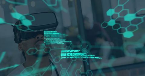 Man Engaging with VR Technology and Digital Interface Overlay