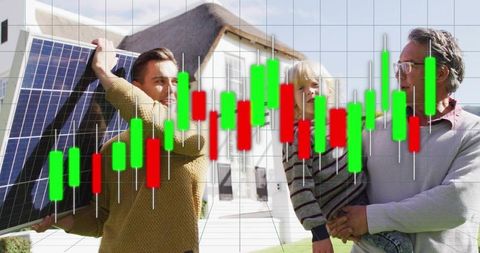 Family carrying solar panel with candlestick chart representing renewable energy investment