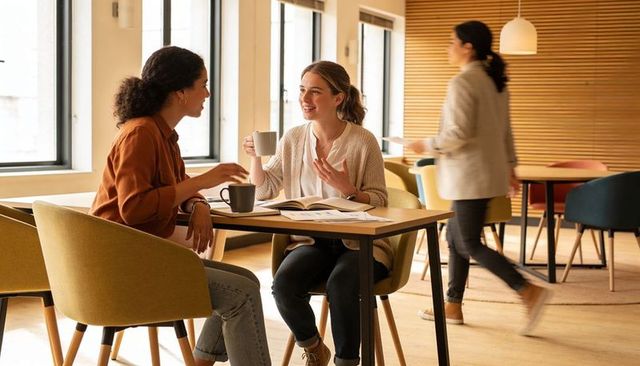 Two colleagues chatting and reviewing documents over coffee in bright coworking space