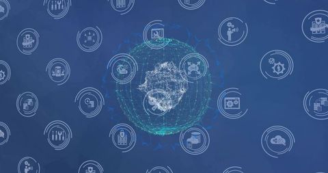 Displaying wireframe network globe surrounded by concentric service icons on blue interface