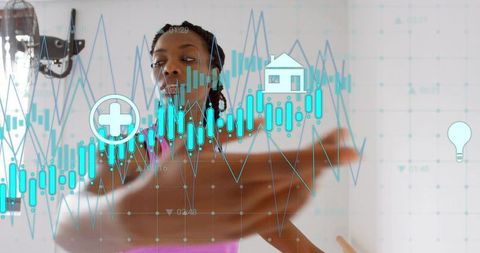 Stretching woman in studio wearing pink top and braids with teal data visualization overlays