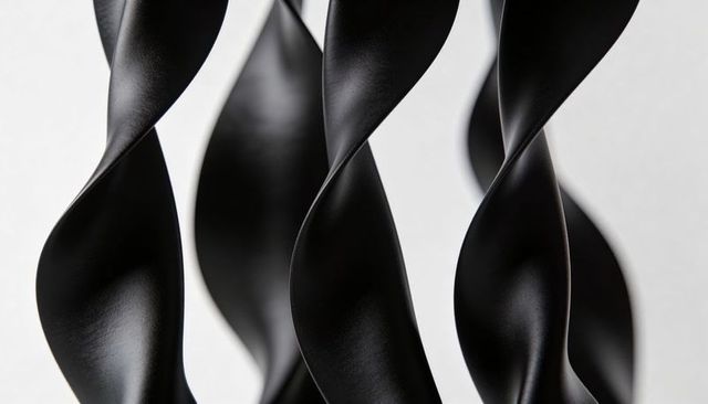 Matte black twisted ribbon spirals minimal abstract sculpture emphasizing satin texture