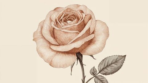 Line art rose drawing on beige canvas with detailed petals