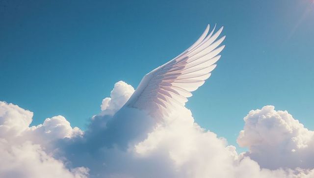 Majestic White Feathered Wing Among Cumulus Clouds