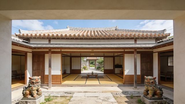 Framing traditional okinawan courtyard opening to tatami room with shisa guardian statues