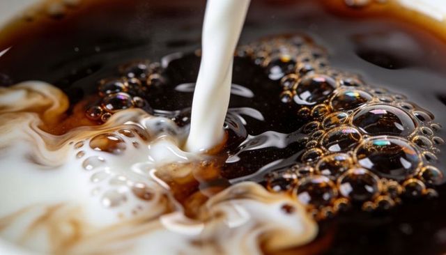 Milk pouring into black coffee creating creamy swirls and iridescent foam bubbles