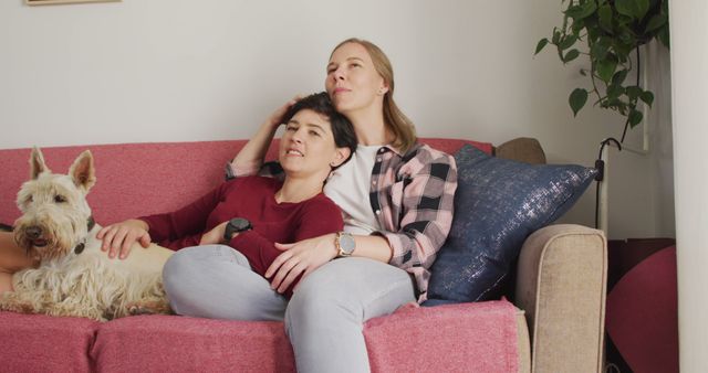 Multicultural couple relaxing on a comfortable sofa with their pet dog. Both appear calm and content, enjoying each other's company. The setting is a cozy home environment, enhanced by plants and soft furnishings. Ideal for depicting domestic happiness, love, or pet-friendly lifestyles.