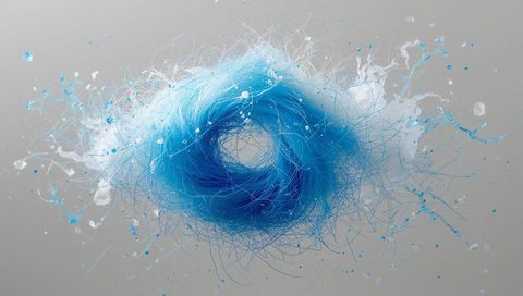 Swirling Cyan Filament Vortex with Dynamic Paint Splashes and Central Void Texture
