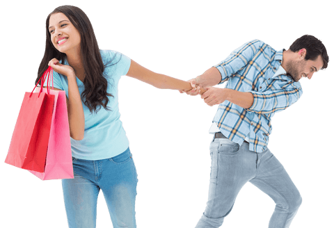 Playful Couple Enjoying Shopping on Transparent Background