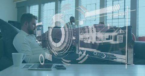 Businessman with Futuristic 3D Architectural HUD Interface