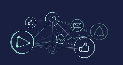 Futuristic digital network with glowing icons on dark background