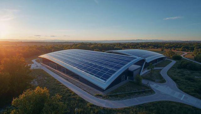 Futuristic Solar Panel Building in Serene Countryside