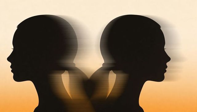 Black female silhouettes facing back-to-back mirroring profiles with horizontal motion blur