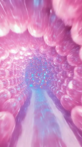 Gliding through neon pink sphere tunnel toward blue cluster | Futuristic vertical video