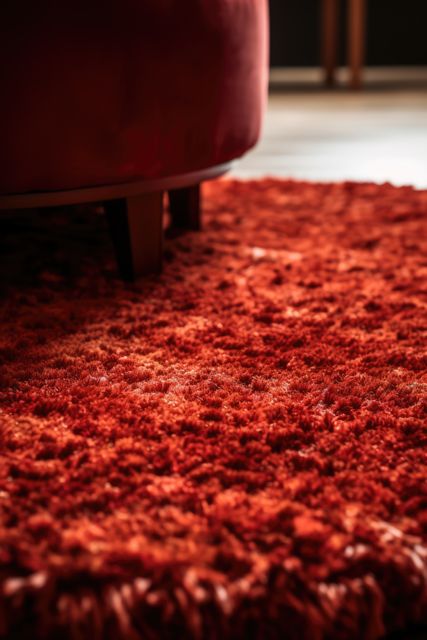 Close up of red round fluffy rug on floor, created using generative ai technology. House interior design, decorations and textile concept digitally generated image.