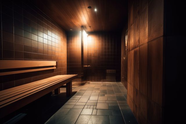 Interior of wooden sauna with bench, created using generative ai technology. Sauna, relaxation and self care concept digitally generated image.