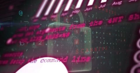 3D Wireframe Padlock Hologram Floating over Neon Code with Magenta Warning Text Cybersecurity