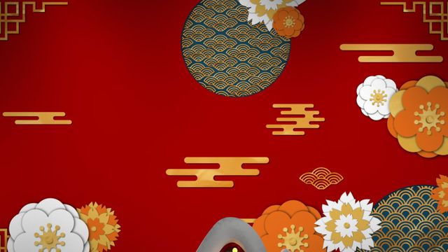 This illustration features a rich red background adorned with decorative gold and white floral elements, representing Chinese New Year. The circular and geometric patterns add a traditional and festive touch, ideal for use in seasonal designs, greeting cards, advertisements, and as a backdrop for various Chinese New Year-related content.