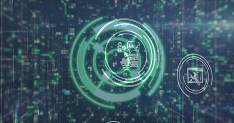 digital interface with binary code and technology icons overlay - Download Free Stock Images Pikwizard.com