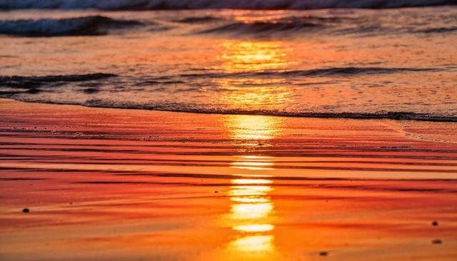 Sunset reflecting on wet sand creating vertical golden shimmer across rippled shore