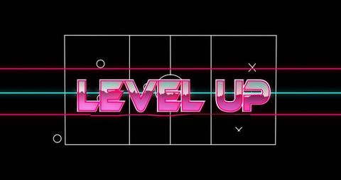 Retro neon level up typography featuring synthwave cyan magenta lines and chrome gloss