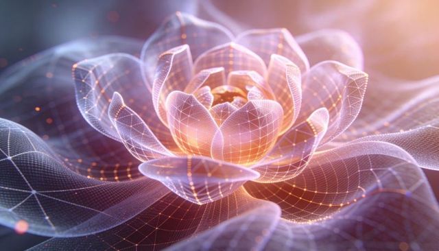 Glowing wireframe lotus blooming on rippled mesh plane with orange-pink core glow