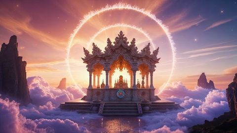 Ornate Pavilion Embraced by Celestial Energies at Sunset
