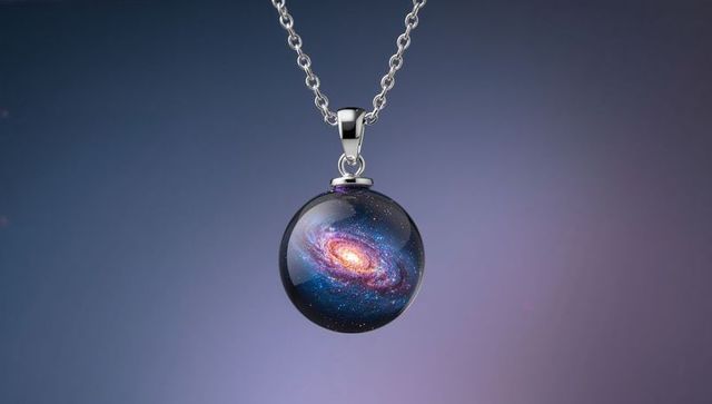 Hanging silver galaxy pendant necklace featuring spiral nebula orb on delicate chain