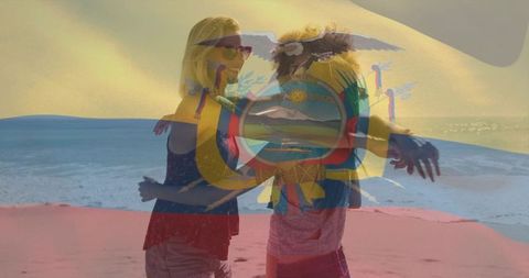 Two friends embracing on sunlit beach with ecuador flag overlay during golden hour