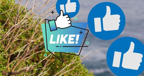Social media like icons over coastal background