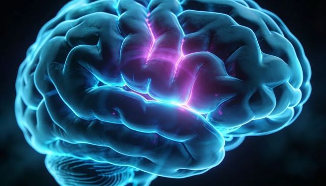 Neon Blue Brain Glowing with Magenta Neural Pathways Translucent Cerebellum 3D Render