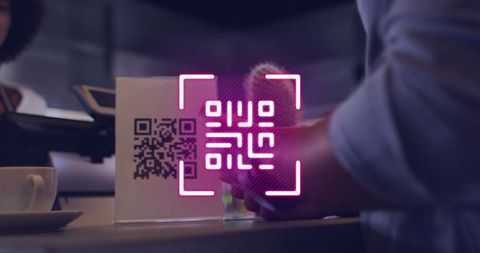 Digital payment using smartwatch with neon qr code in cafe